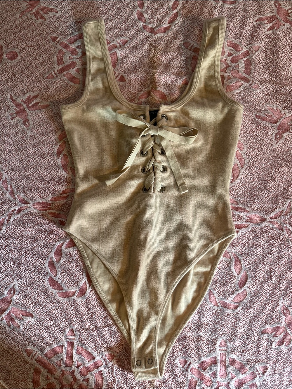 Forever 21 Beige Lace-Up Ribbed One-Piece Bodysuit
